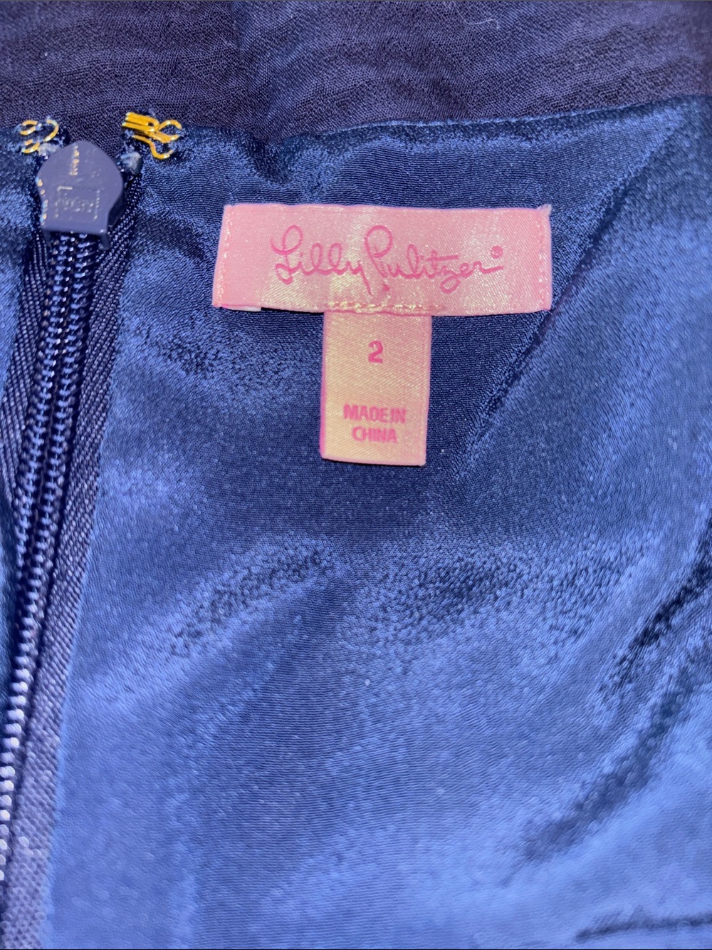 Lilly Pulitzer Trista Navy Shift Dress Gold Embroidered Trim Size 2 100% Cotton - Picture 10 of 10